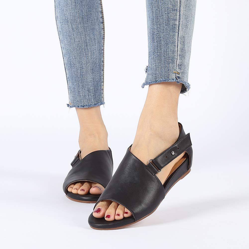 Flat Sandals for Women Leather Strappy Sandals Open Toe Slip on Casual Summer Shoes - Image 4