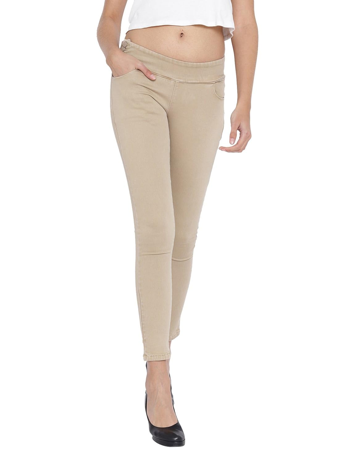 fashion cult stretchable cotton beige jeggings for women's