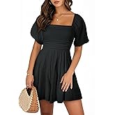 AlvaQ Womens Summer Cute Puff Sleeve Elastic Square Neck Mini Short Romper with Pockets