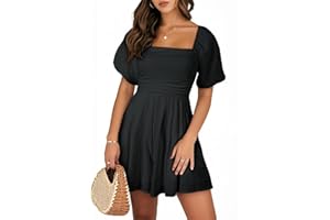 AlvaQ Womens Summer Cute Puff Sleeve Elastic Square Neck Mini Short Romper with Pockets