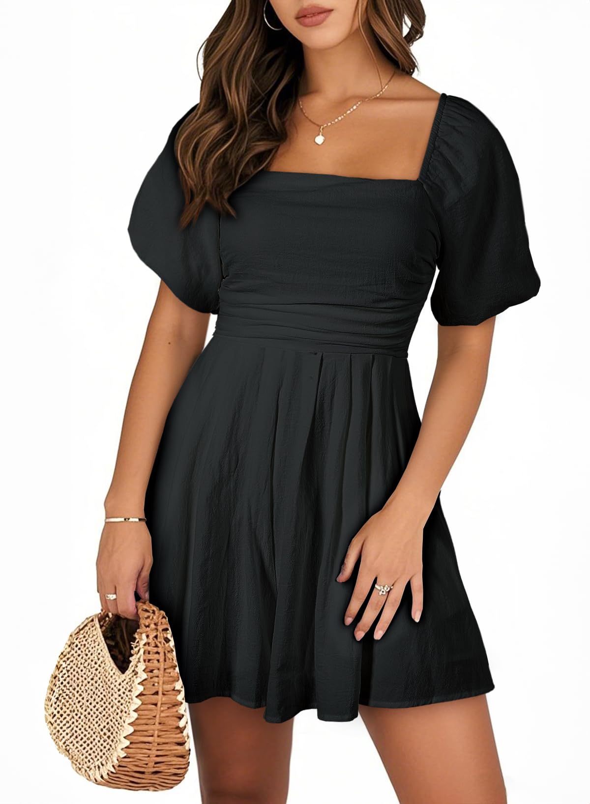 Photo 1 of Size M.  AlvaQ Womens Rompers for Summer 2025 Puff Sleeve Square Neck Casual Spring Flowy Romper Shorts Jumpsuit with Pocket Teen Beach Vacation Outfits,Black,Medium