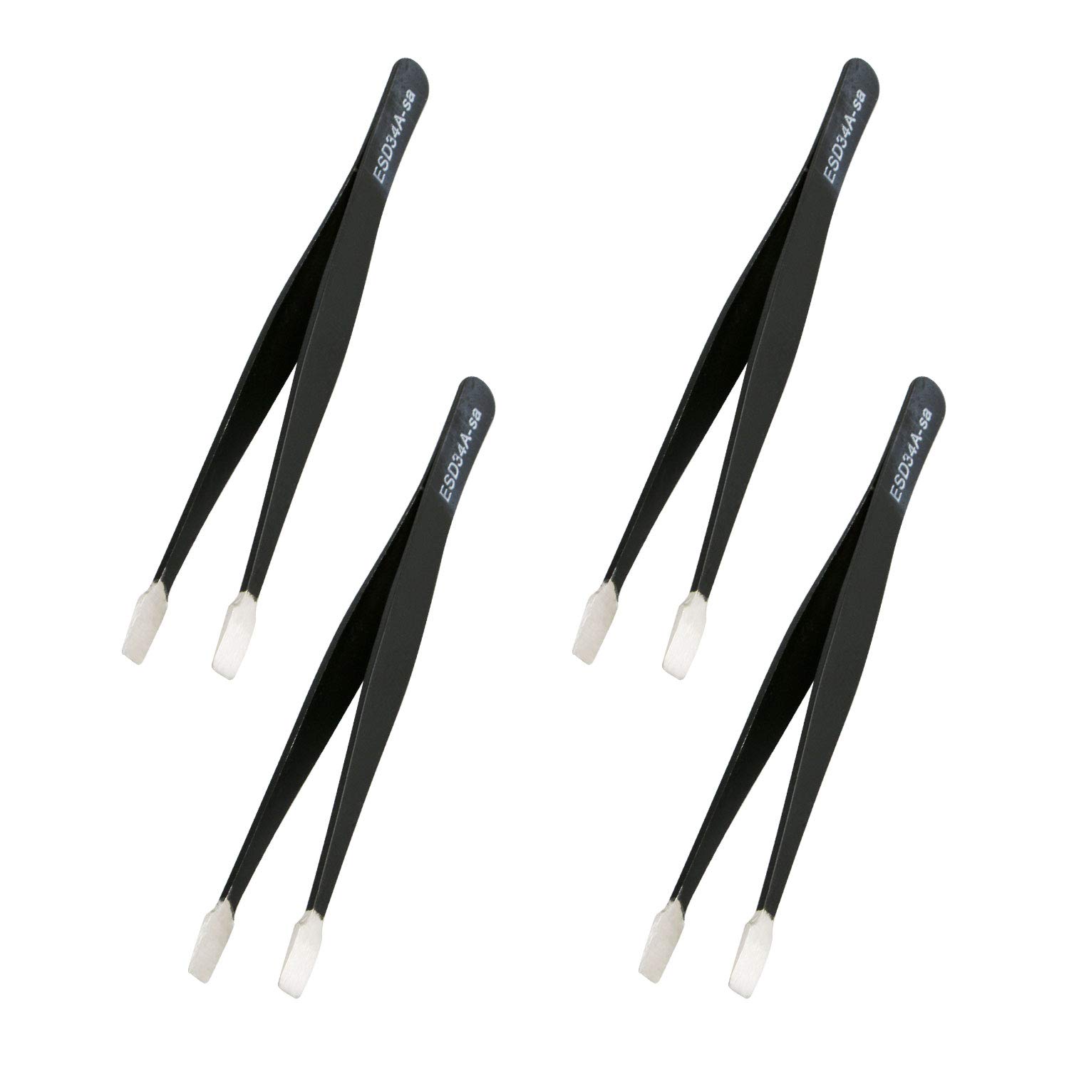Aoje-Link ESD-34a Professional Anti-Static Technology Tweezers, Non-Magnetic Flat Straight, Stainless Steel Plastic Coated, Full Length 120mm, Black, 4pcs