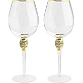The Wine Savant Large Diamond Wine Glasses, Gold Rim Rhinestone Diamond Glasses - Wedding Glasses - 15 Ounce, Premium Designed Wine Glasses for Spirits and Wine, Gift Boxed (2, Clear)