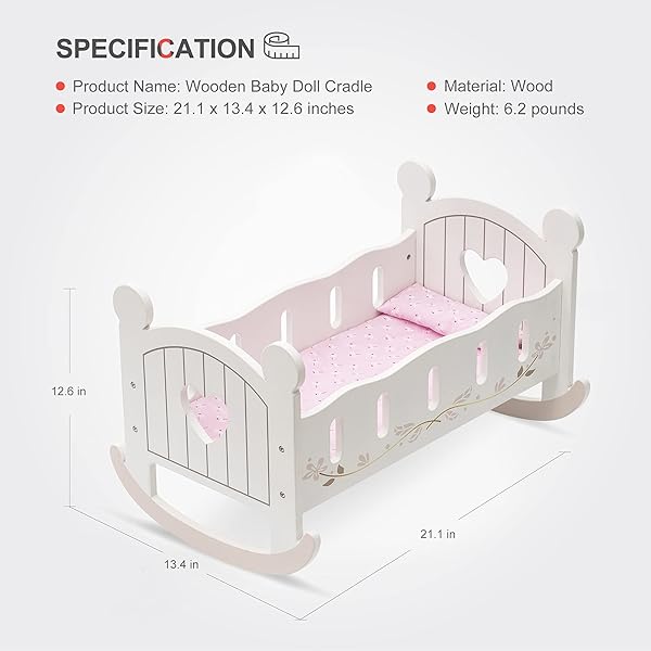 ROBOTIME WOODEN PLAY DOLL CRADLE ROCKING BABY DOLL CRIB, REVERSIBLE DOLL BEDDING FOR TODDLER GIRL,FITS DOLLS UP TO 20 INCHES (WHITE)