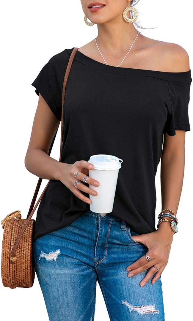 HIYIYEZI Women's Off The Shoulder Tops Summer Casual Short Sleeve T Shirts at  Women’s Clothing store