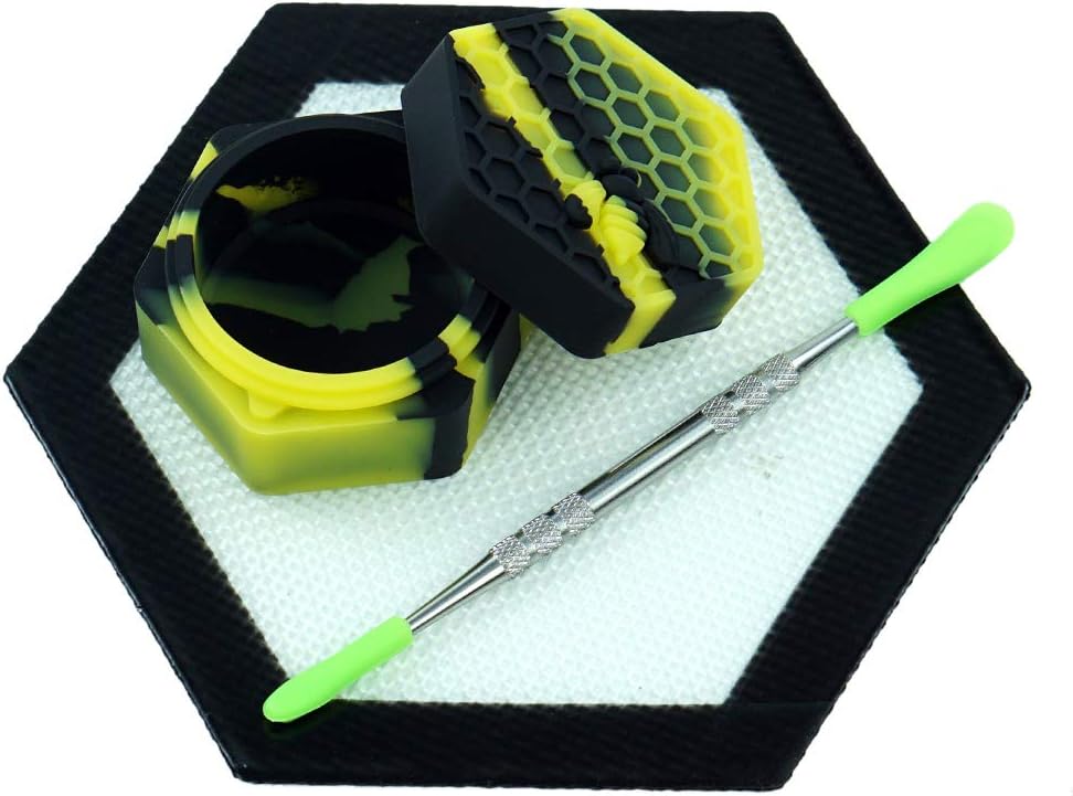 Black/Yellow Silicone Wax Container Non Stick Food Grade 26ml Hexagon Honeybee Jar 5'' Concentrate Mat Pad by X-Value