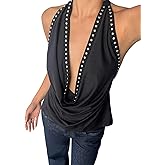 MakeMeChic Women's Halter Tops Deep V Cowl Neck Backless Rivet Summer Going Out Tank Top