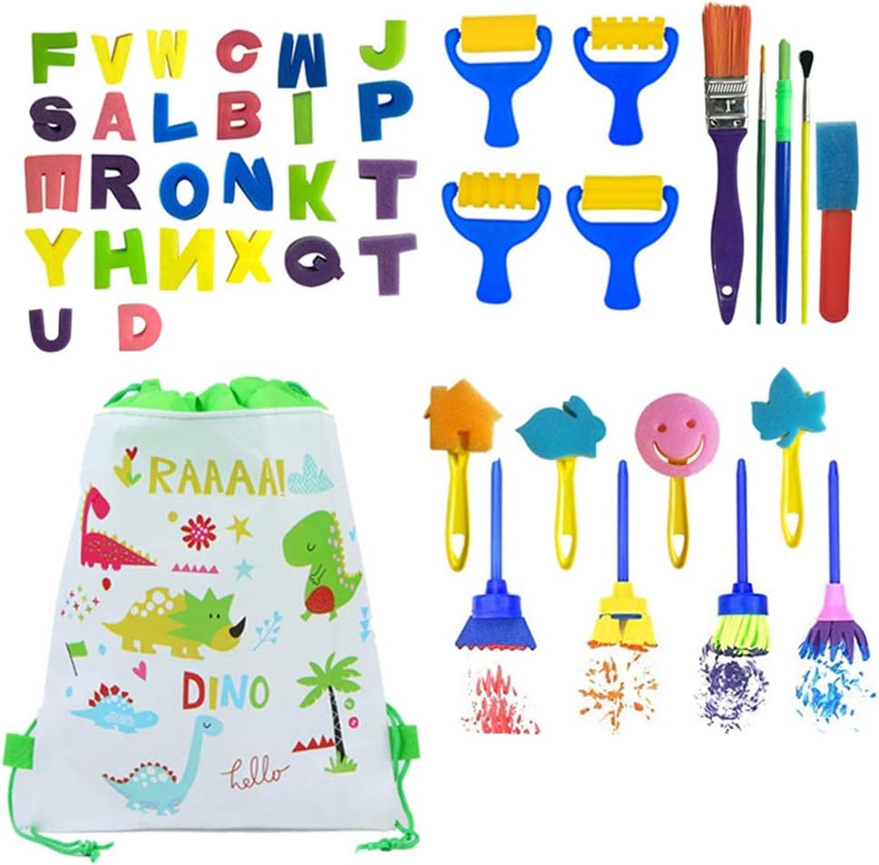 Poluka 43Pcs Painting Sponge Printing Set Drawing Tools with Dinosaur Drawstring Bags Kids Painting Kits Early Learning Painting Brushes for DIY Arts Crafts Novelty Toy School Prize Gifts