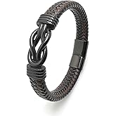 VANFORWYN Mens Braided Genuine Leather Bracelet 316L Stainless Steel Infinity Knot Bracelet Holiday Jewelry Gifts for Men