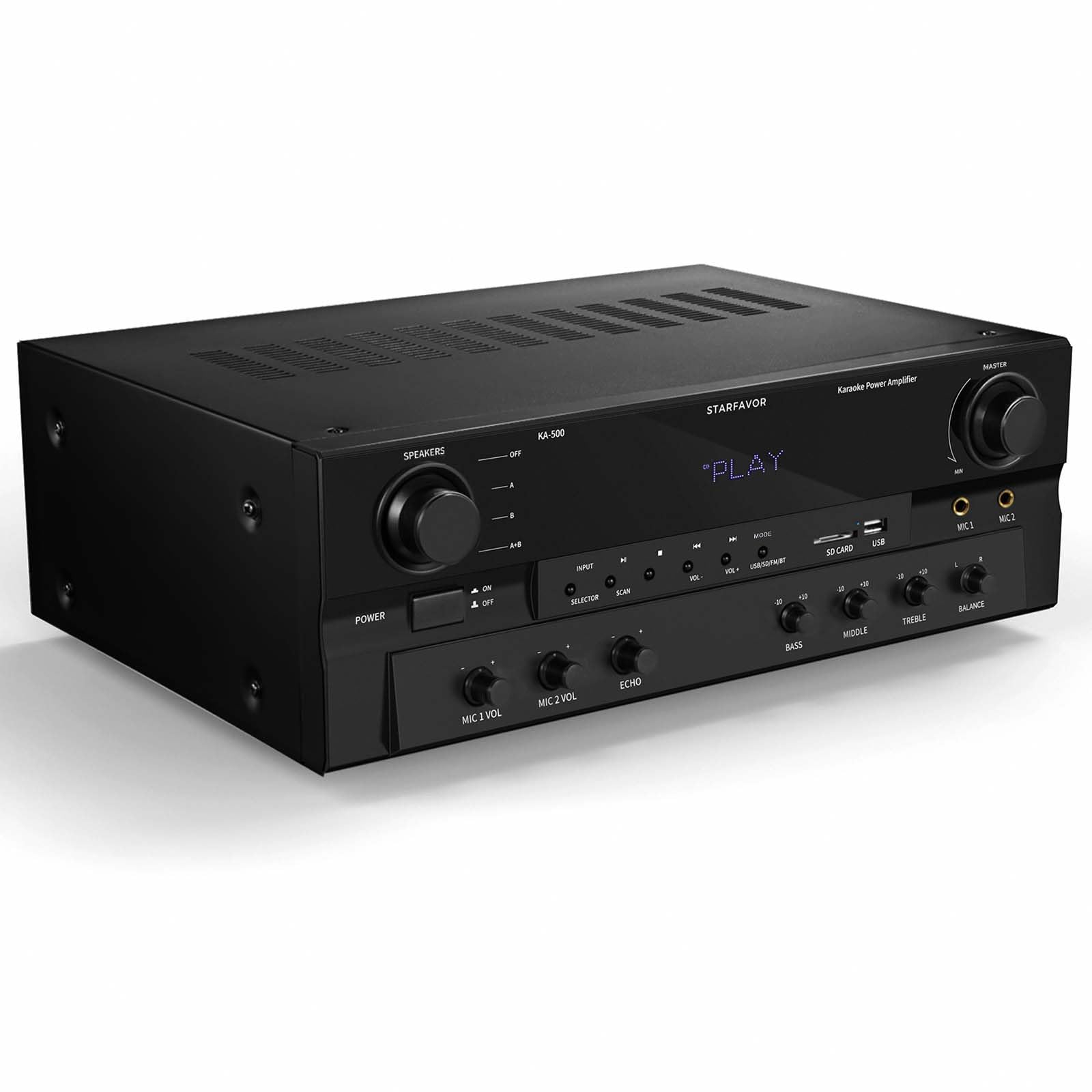 Starfavor Bluetooth Stereo Receiver w Phono Inputs, 2.1 Channel 500W Peak Power Home Audio receivers amplifiers for Speakers w Subout,RCA in,USB,SD,FM,2 MIC in Echo and Headphone Jack KA-500