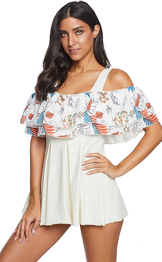 SZIVYSHI 2 PC Short Sleeve Cold Open Shoulder Ruffled Ruffle Hem Floral