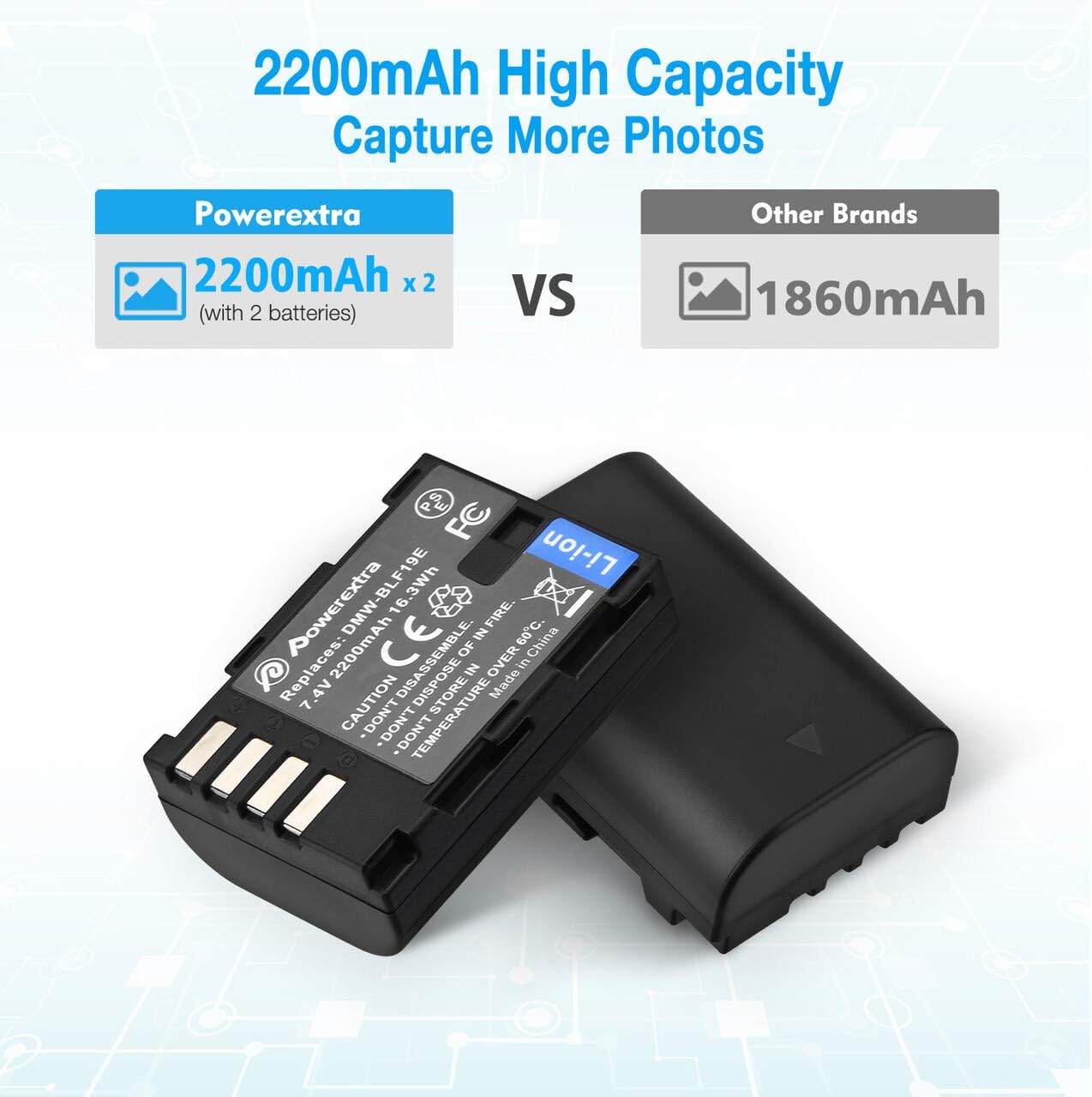 Powerextra DMW-BLF19E DMW-BLF19 Battery 2 Pack 2200mAh and dual USB Charger,Replacement for Panasonic DMW-BLG10,Model DMC-GH5,GH5S,GH4,GH4A,GH4H,GH4KS,GH3,GH3A,GH3H Cameras - Image 3
