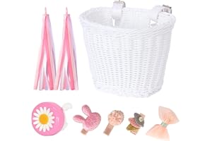 RAYMACE Kids Bike Basket Streamers Bell Set, Children's Bicycle Handlebar Basket with 4pcs Girl Hair Clips, Cute Accessories Kit for Kids' Bike, Scooter