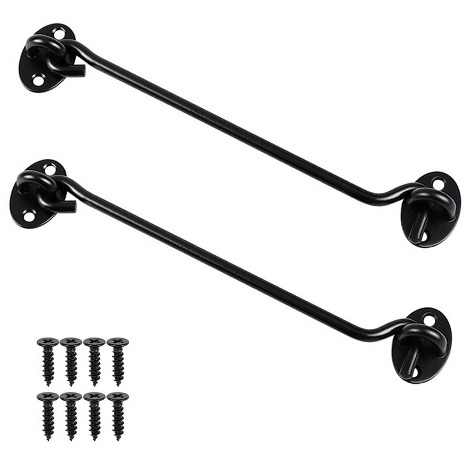 kuou 2Pack 10 inch Hook and Eye Latch, Stainless Steel Shed Lock Cabin Hooks Outside Metal Door Look Gate Latches with Mounting Screws for Door Gate Window Closet Silent Brace Black