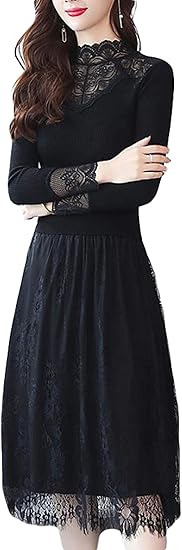 Mlboss長袖ワンピース レディース 裏起毛 レースワンピース 黒 フォーマル 秋 冬 切り替え ファッション ニットワンピース 忘年会 発表会 ワンピース チュニック 通販 Amazon