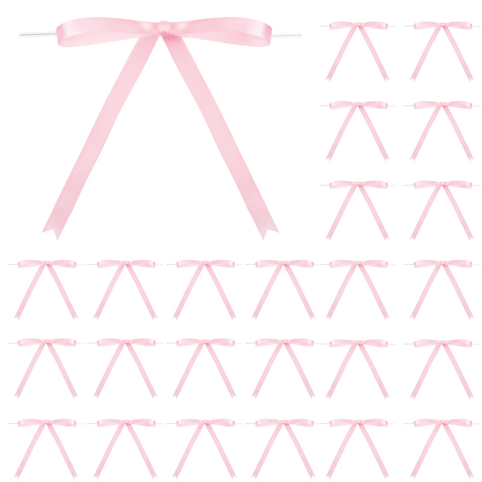 Photo 1 of Riceshoot 24 Pcs Twist Tie Bows 5 x 7 Inches Satin Ribbon Bows for Gift Wrapping Cake Treat Bags Craft DIY Gift Wedding Baby Shower Birthday Party (Pink)