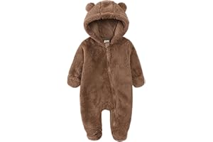 Alunsito Infant Baby Fleece Jumpsuits Newborn Plush Bear Ear Sleepwear Hooded Romper Zipper Long Sleeve Bodysuit Footies