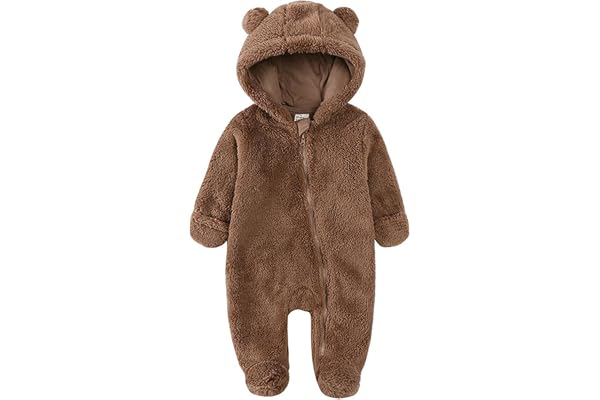 Alunsito Infant Baby Fleece Jumpsuits Newborn Plush Bear Ear Sleepwear Hooded Romper Zipper Long Sleeve Bodysuit Footies