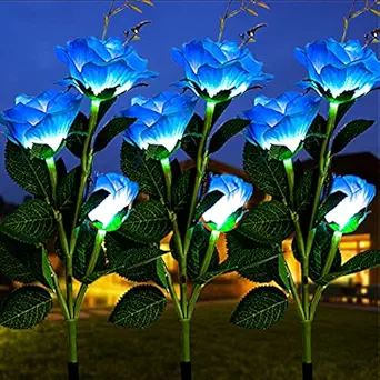3 Pack Solar Garden Lights Outdoor - Upgraded Realistic LED Solar Powered Rose Lights Flower Stake, Waterproof Solar Decorative Lights for Patio Pathway Courtyard Garden Lawn (Blue)