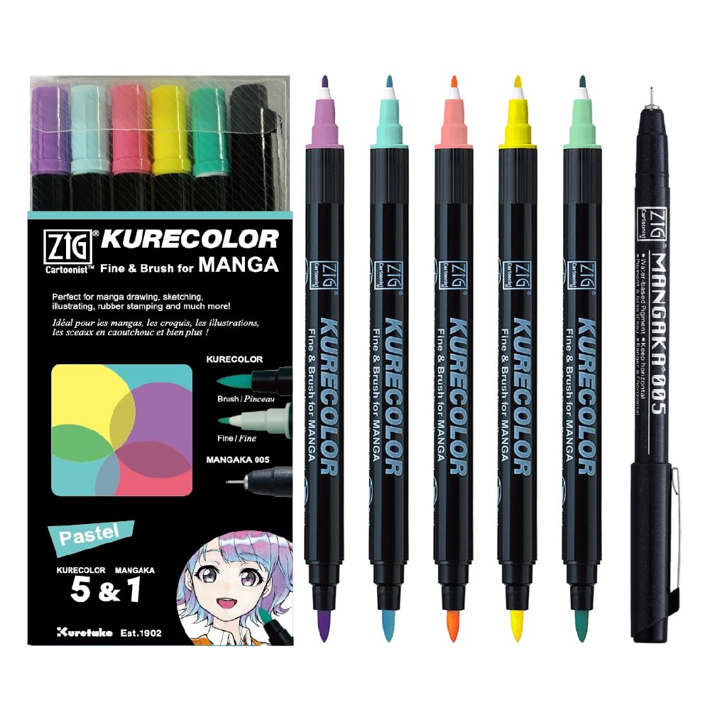 Kuretake Zig Cartoonist KURECOLOR Fine&Brush 5 colours with MANGAKA Black 0.1mm set, Alcohol-based twin tipped marker pens, for Artist, Professional, Made in Japan (Pastel)
