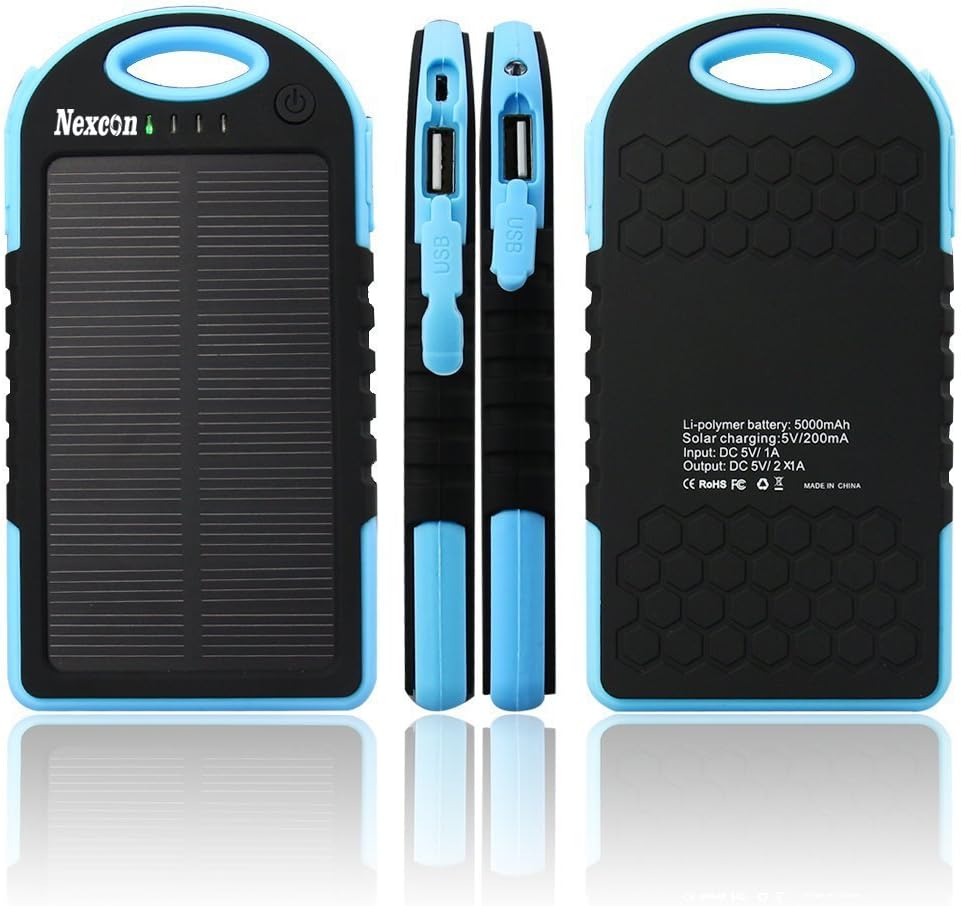 Nexcon Solar Charger 5000mAh Rain-Resistant Dirt/Shockproof Dual USB Port Portable Charger Backup Power Pack for iPhone 6 Plus 5S 5C 5 Samsung Galaxy S6 S5 S4 S3 Note 4 3, All USB Devices, Blue