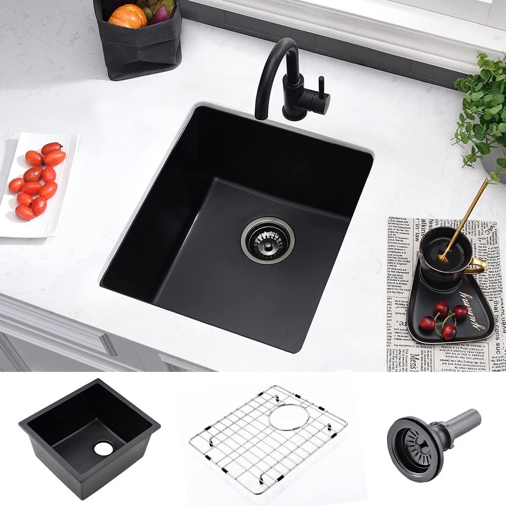 Photo 1 of 15 Inch Black Bar Sink Undermount-VASOYO 15x17 Small Kitchen Sink Black Quartz Undermount Outdoor Rv Sinks Deep Single Bowl Wet Bar Sinks Small Bowl with Bottom Grid