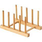 Yuixoseu Bamboo Wooden Dish Rack, Plate Organizer for Cabinet Space Saver and Kitchen Counter, Bowl/Cup/Pot Lid/Cutting Board Drying Holder (4 Slots)