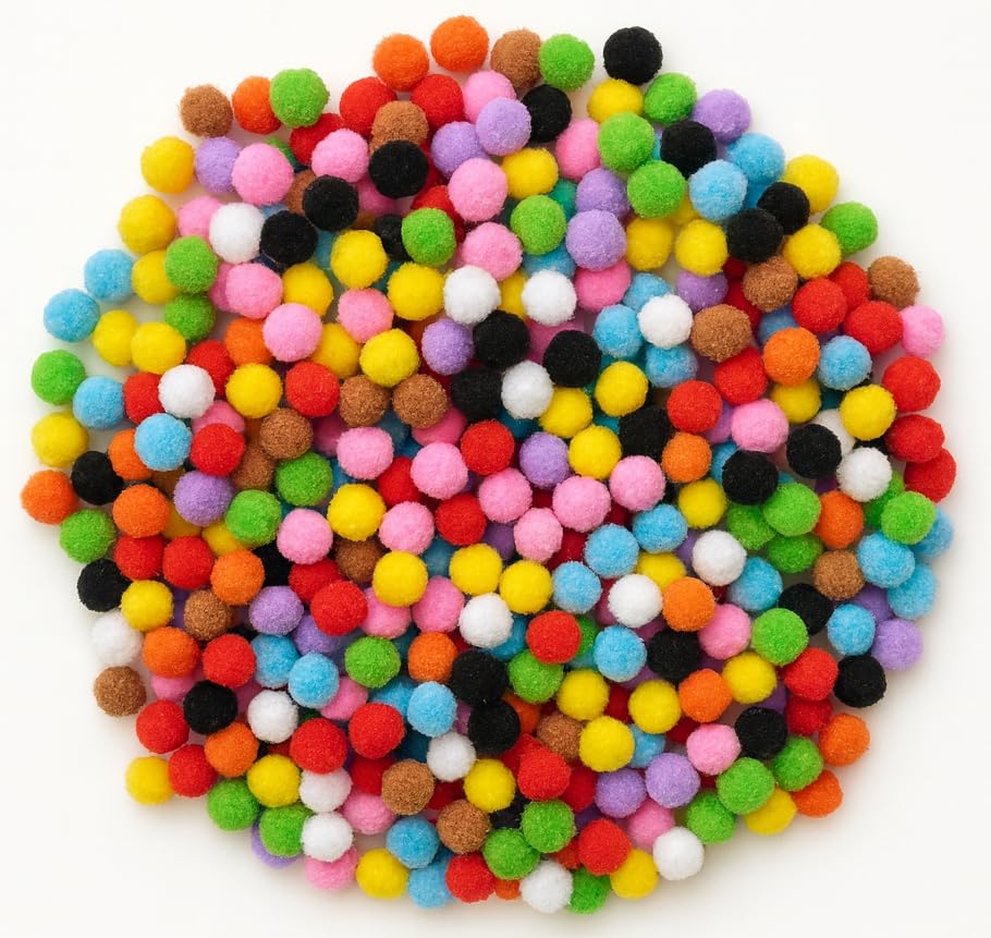 Mini Pom Poms for Crafting – 500 Small Coloured Pompoms, 10mm in Mixed Colours for Kids Art Projects, DIY Decorations & Classroom Crafts