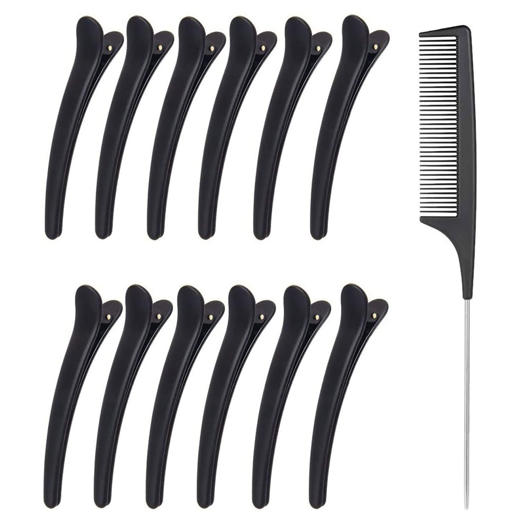 LYYDAN 12pcs Sectioning Clips + 1pcs Antistatic Tail Comb, Black Hair Clamp Duck Bill Hair Clips Plastic Hairdresser Clips for Women Girls Hairdressing Styling Salon