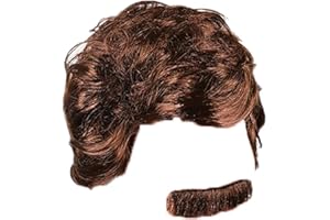 Kangaroo 70s Mens Wig and Mustache - Fake Brown Mustache and Short Curly Wigs For Men Costume - Mens Disco Hair Accessory for Funny Costumes Cosplay Dress up Apparel For New Year Parties