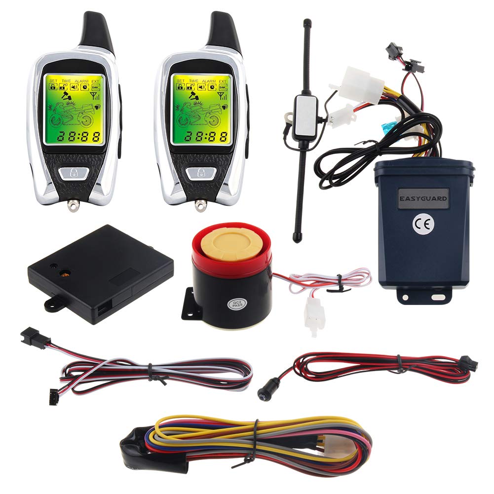 EASYGUARD EM209 2 way motorcycle alarm system with remote engine start starter microwave sensor colorful LCD pager display shock sensor proximity sensor included universal version DC12V