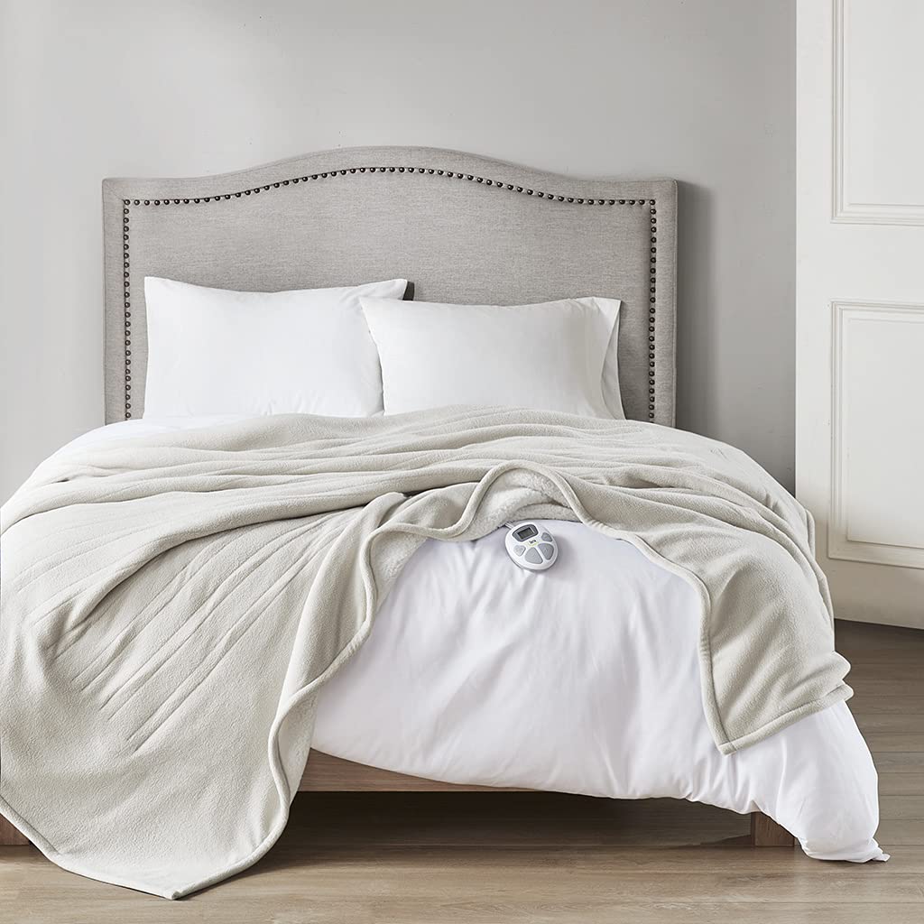 Serta Reversible Fleece to Sherpa Electric Blanket, Fast Heating, Auto Shut Off Timer, Multi Heat Setting, ETL Certified, Machine Washable, Tan Twin 84″x 62″