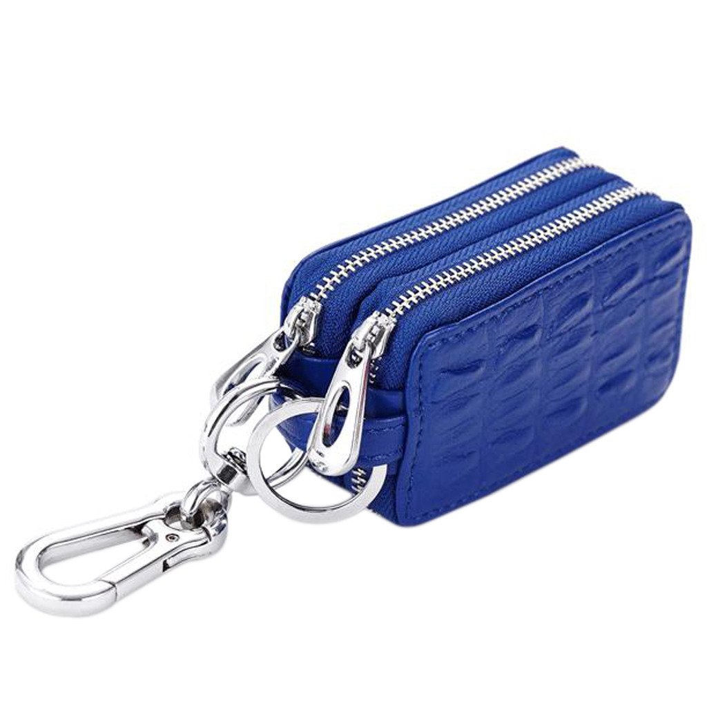 Esdrem Unisex Handmade Genuine Leather Zipper Key Chain Case Pouch Car Key Holder Bag (Blue)