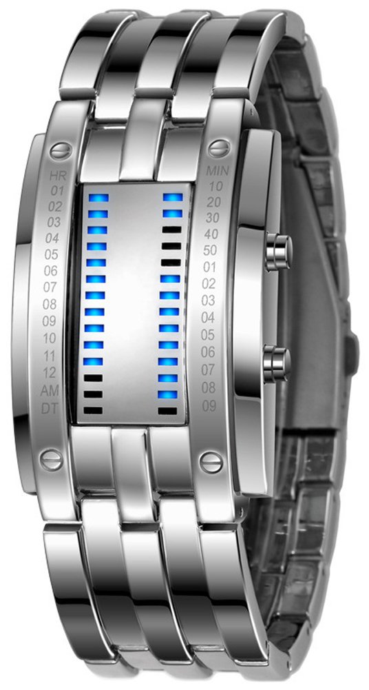FANMIS Creative Mens Binary Matrix Blue LED Digital Watch Fashion Classic Black Plated Waterproof LED Backlight Bracelet Watches, Silver, Digital,Quartz Movement