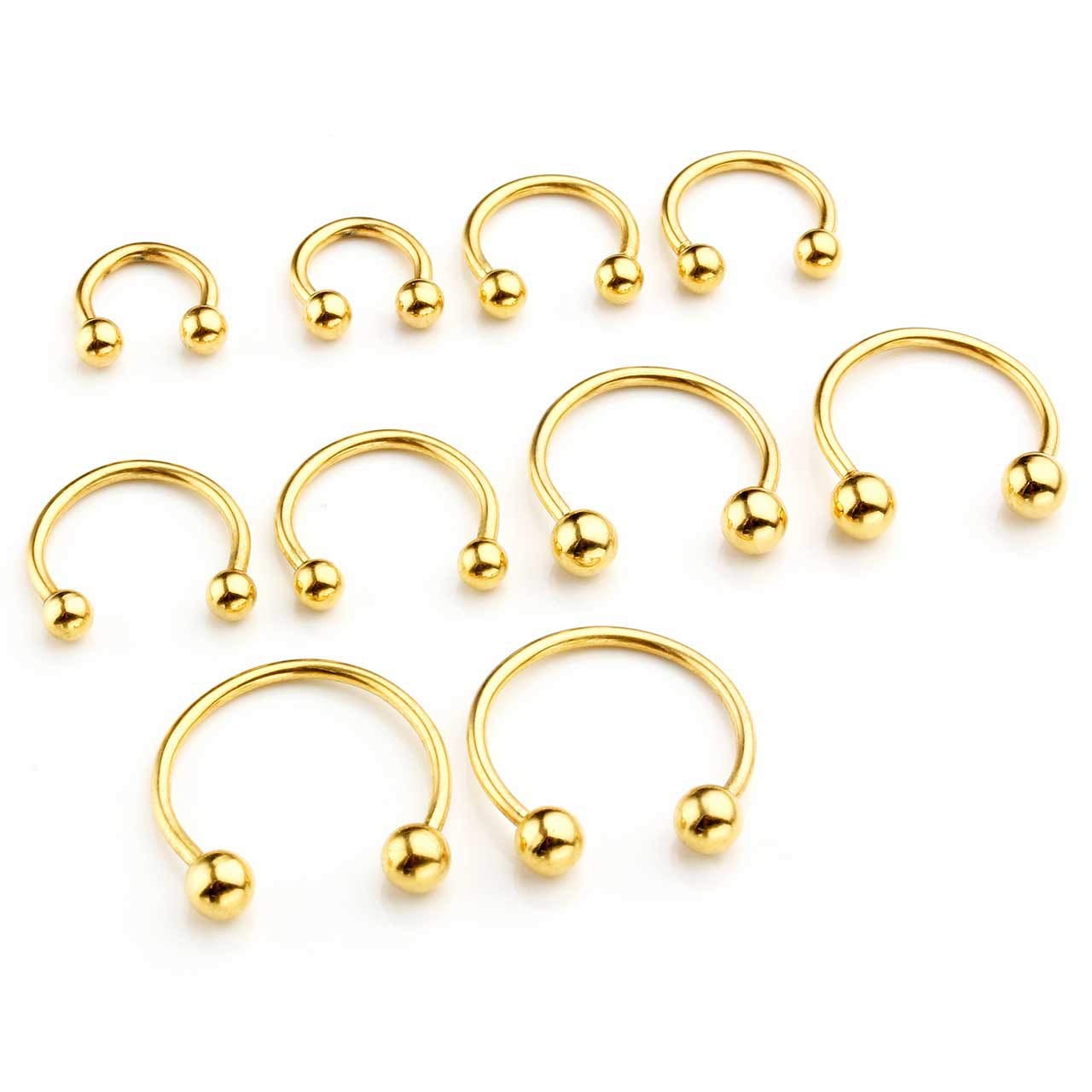 JSDDE 10pcs 16G Stainless Steel Horseshoe Nose Ring Hoop Circular Barbell Septum Lip Piercing Cartilage Earrings 6mm-14mm Gold