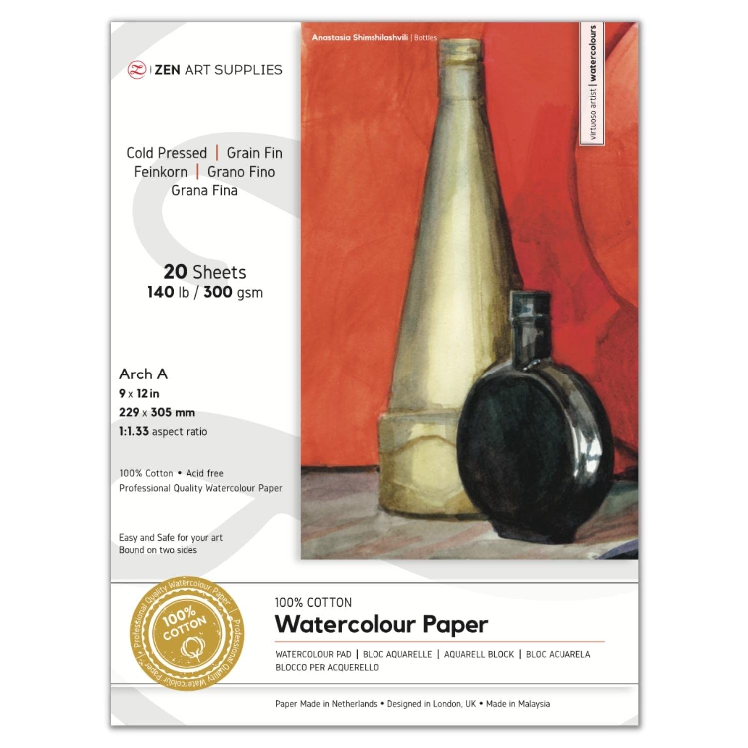 Watercolour Paper Pad (Glued Block) A4+ (23 × 30 cm) – ZenART 100% Cotton, Cold Pressed Watercolour 300gsm, Archival, Vegan Sized for Vibrant Colours, 20 Sheets for Water Colour, Gouache & Wet Media