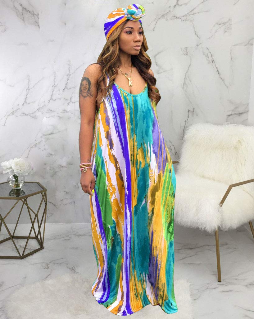 Floral Printed Lanie Multi Wave Maxi Dresses Adjustable Spaghetti Strap Loose Straight Mopping Dress with Pockets Blue