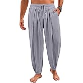 Runcati Mens Casual Harem Pants Drawstring Elastic Waist Cotton Cropped Trousers Yoga Beach Lightweight Pants