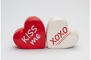 COSMOS GIFTS Fine Ceramic Valentine Kiss Me Love Red Heart Salt & Pepper Shakers Set, 2-1/2" H