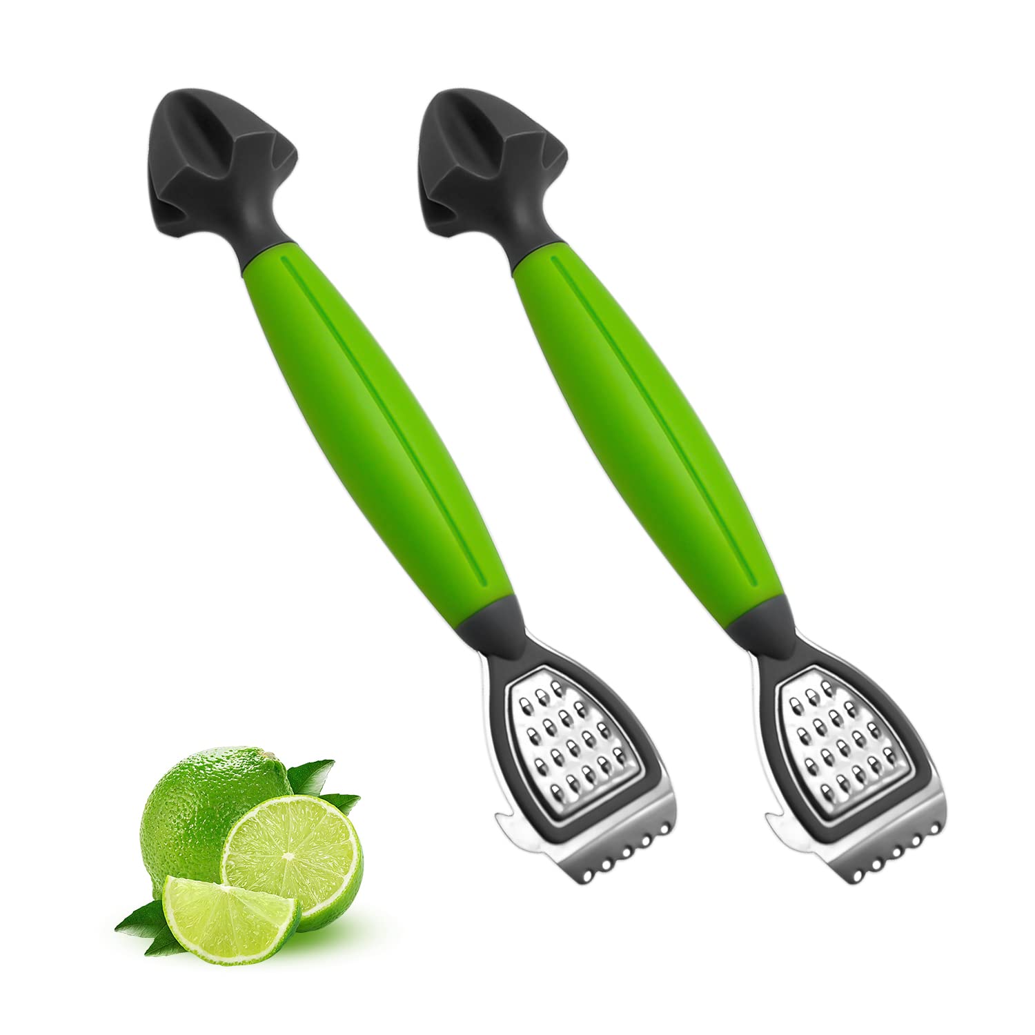 2 Lemon Peelers with Comfortable Plastic Handles, Multipurpose Stainless Steel Reamer, 3 in 1 Kitchen Tool Grinder for Citrus, Lime Fruits, Peeling, Juicing (Green)