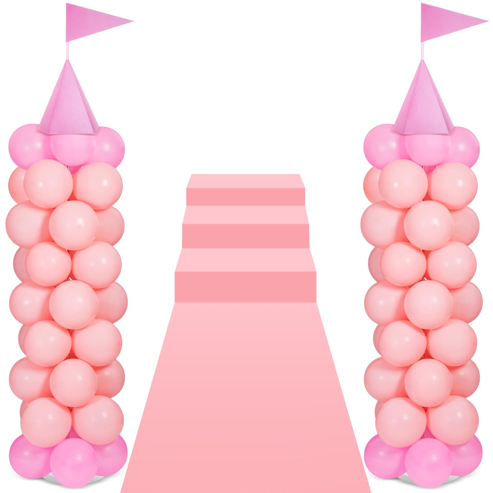 Photo 1 of Charnoel 2 Sets Adjustable Pink Princess Castle Balloon Column Stand Kit Includes 140 Pcs Balloons 2 Tricorne Hat 2 Pennant 1 Carpet for Princess Birthday Party Weddings Decoration