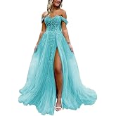 Off The Shoulder Tulle Prom Dress with Laces Applique A-line Slit Long Ball Gowns Glitter Formal Evening Dress