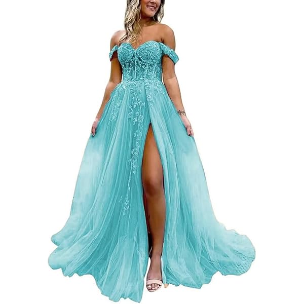 Amazon.com: Women's Off Shoulder Tulle Prom Dress Long Laces Appliques Sequin Formal Dresses with Slit Aqua : Clothing, Shoes & Jewelry Amazon.com: Women's Off Shoulder Tulle Prom Dress Long Laces Appliques Sequin Formal Dresses with Slit Aqua : Clothing, Shoes & Jewelry
