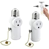 2 Pack E26/E27 Light Socket Outlet Adapter, Light Socket to Plug Adapter | Converter from a medium sized screw in lamp holder to a 2/3 prong Light Socket Plug with a pull-chain switch, white