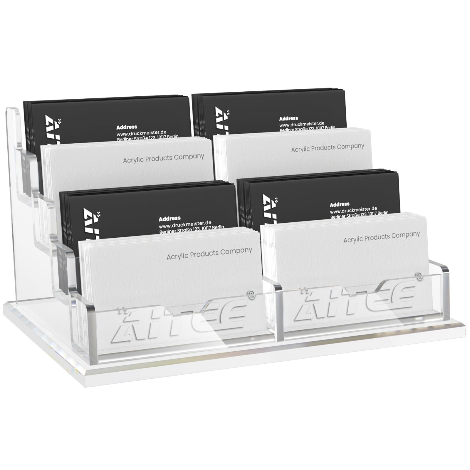 AITEE Business Card Holder for Desk: Clear Acrylic 8 Slot 4 Tier Card Display Stand Holder for Office and Exhibition Countertop , Fits 100-120 Business Cards