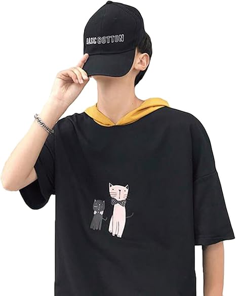 Amazon Alhyla メンズ フードパーカ プルオーバー ゆったり Tシャツ 白 黒 Tシャツ 夏 5分袖 おしゃれ 半袖 シャツ T シャツ カットソー 通販