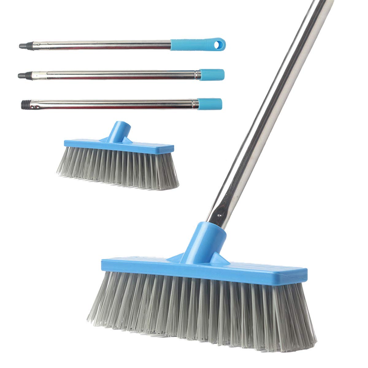 Long Handled Floor Scrub Brush with Adjustable Stainless Steel Handle, Stiff Bristle Tub and Tile Grout Brush Scrubber for Cleaning Bathroom, Kitchen, Wall, and Outdoor Surfaces