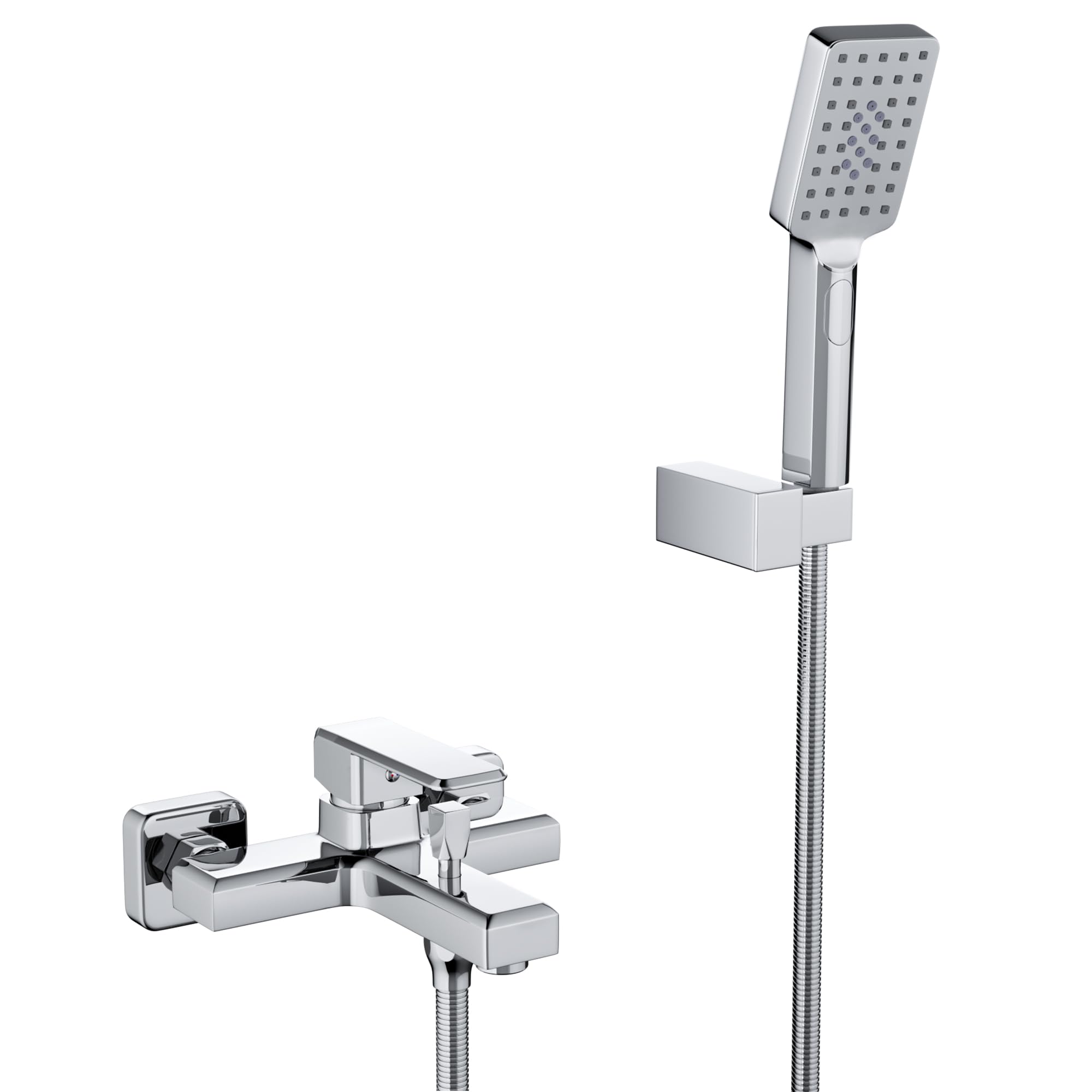 MORADO Single Lever Shower Mixer,Wall Mounted Single Lever Bath Tap with 150CM Shower Hose and 3-Function Shower Head,Solid Brass,Chrome Finish,Square Shape,Wall Mounted