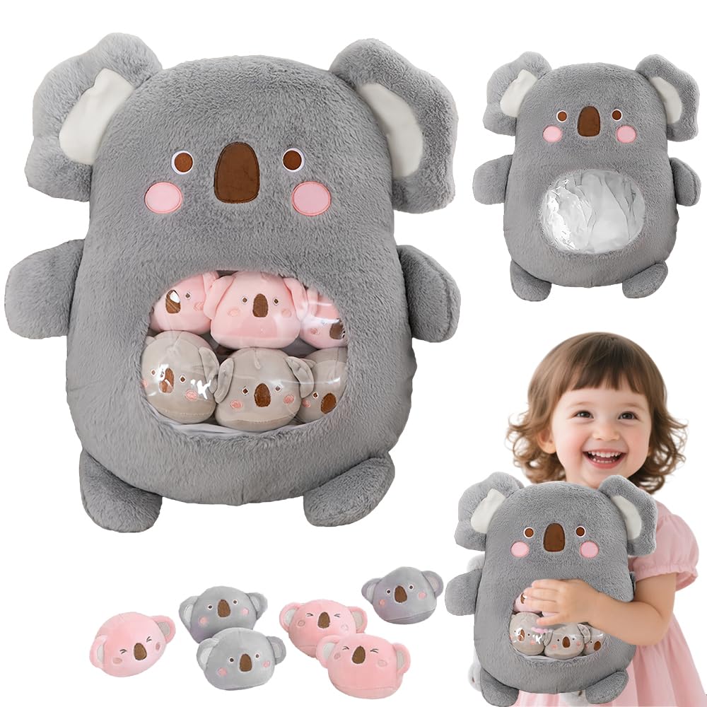 Rppiup Plush Pillow, Cute Snack Pillow, Stuffed Animal Toys with 6 Removable Baby, Soft & Huggable Plushie Toy, Hug a Lumps Gifts for Kids and Adults (Koala)