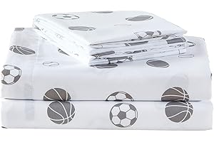 Chezmoi Collection 4-Piece Kids/Teens Sports Sheet Set - Soft Microfiber White Gray Baseball Basketball Football Soccer, Full Size